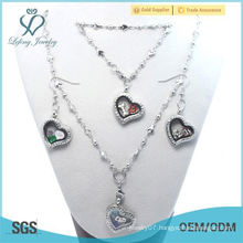 Factory Price Fasion 20mm Cheap Crystal Silver 316L stainless steel heart floating locket Earring bracelet Necklace Jewelry Set